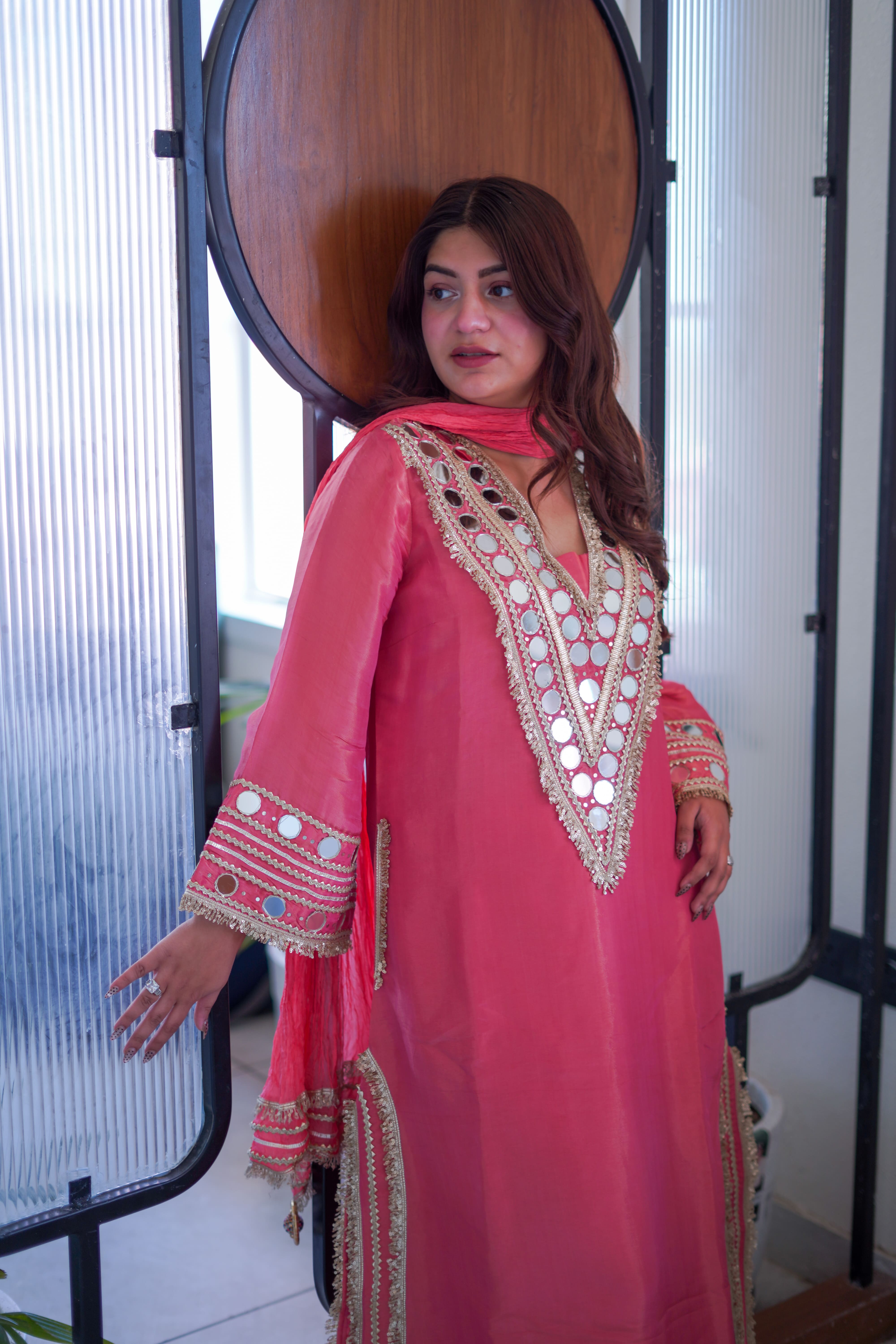 Meher Peach Mirrorwork Kareena Cut Suit Set